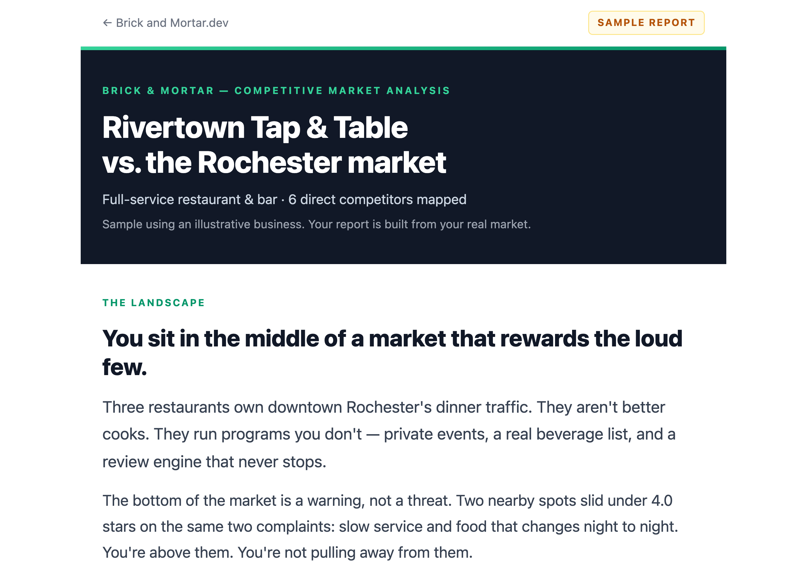 The first page of a sample Brick & Mortar report, comparing a bar and grill against its local market with findings priced in dollars